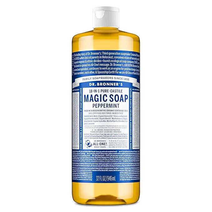Dr. Bronner's Pure-Castile Magic Liquid Soap - Made with Regenerative Organic Certified Oils- 18-in-1 Uses for Face, Body, Hand, Hair, Laundry & More- Vegan, Non-GMO- Body Wash- Peppermint
